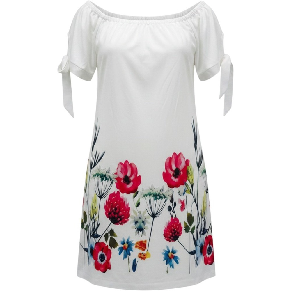 Floral Off The Shoulder Mini Dress White Pink Blue Short Sleeve Tie Detail Sze M
